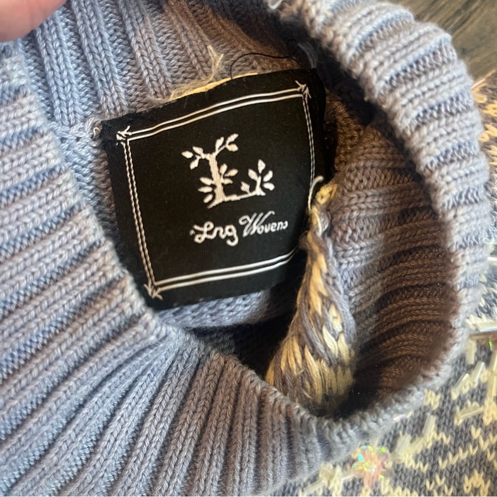 Lng Wovens Fair Isle Snowflake Bead & Sequin‎ Sweater Ice Blue White Mock Neck - Picture 8 of 9